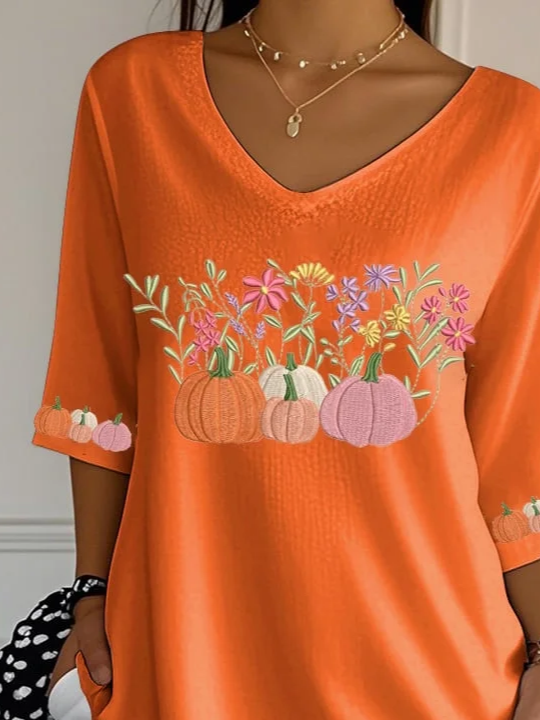 Damen Geblümt Dreiviertelärmel T-Shirts T-Shirt V-Ausschnitt Print Lässig Frühling/Herbst T-Shirt mit Grafik Oberteile