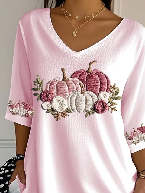 Damen Geblümt Dreiviertelärmel T-Shirts T-Shirt V-Ausschnitt Print Lässig Frühling/Herbst T-Shirt mit Grafik Oberteile