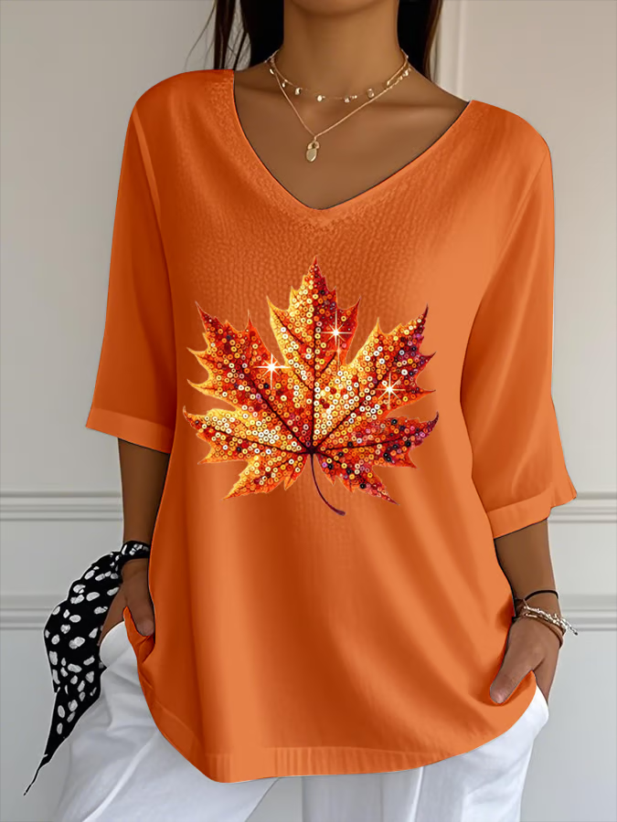 Damen Ahornblatt Dreiviertelärmel T-Shirts T-Shirt V-Ausschnitt Print Lässig Frühling/Herbst T-Shirt mit Grafik Oberteile