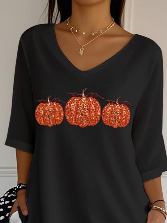 Damen Halloween (Kürbis) Dreiviertelärmel T-Shirts T-Shirt V-Ausschnitt Print Lässig Frühling/Herbst T-Shirt mit Grafik Oberteile