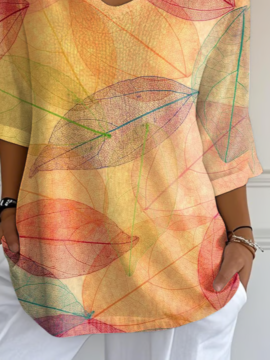 Damen Blätter Dreiviertelärmel T-Shirts T-Shirt V-Ausschnitt Print Lässig Frühling/Herbst T-Shirt mit Grafik Oberteile