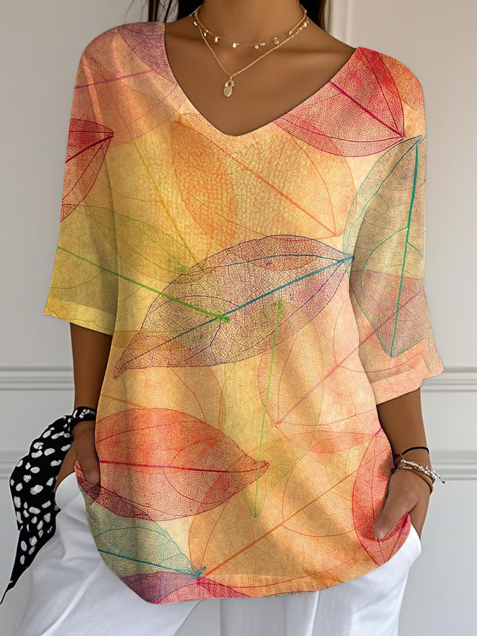 Damen Blätter Dreiviertelärmel T-Shirts T-Shirt V-Ausschnitt Print Lässig Frühling/Herbst T-Shirt mit Grafik Oberteile