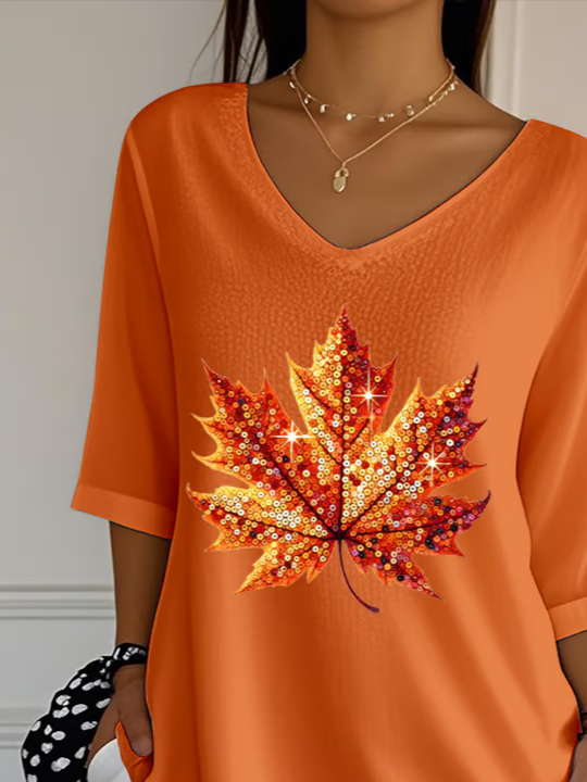 Damen Ahornblatt Dreiviertelärmel T-Shirts T-Shirt V-Ausschnitt Print Lässig Frühling/Herbst T-Shirt mit Grafik Oberteile