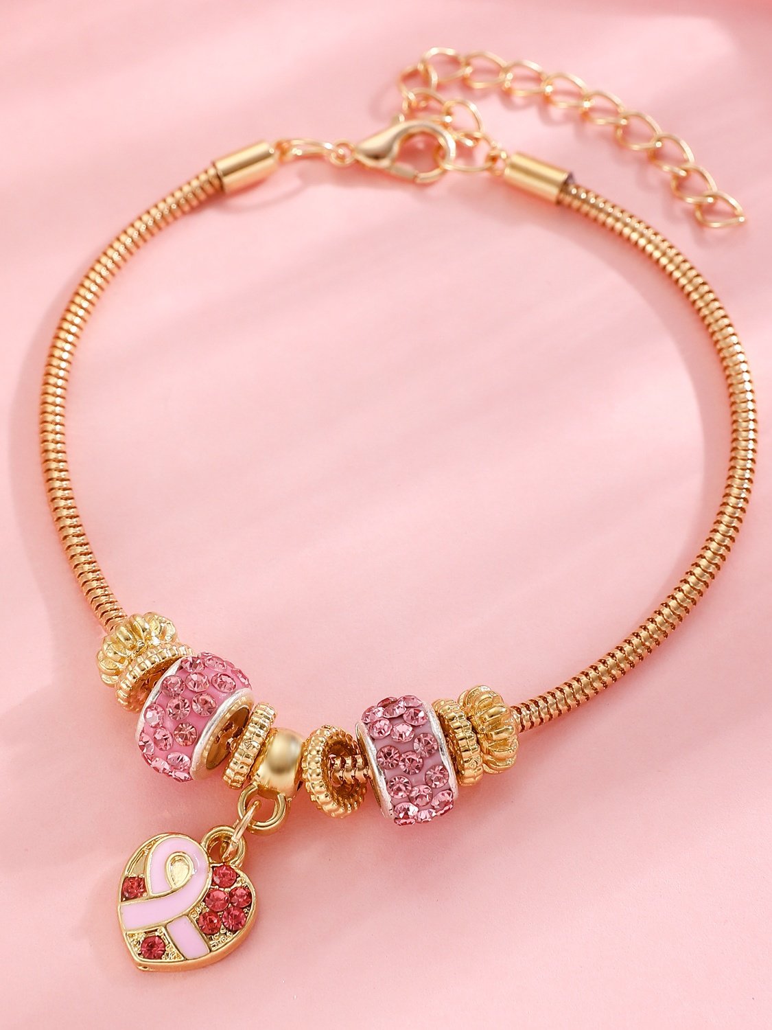 Brust Marker echt Golden Galvanisiert Pink Band Damen Gesundheit Perle Armband Halskette Set ins Shambhala Schmuck