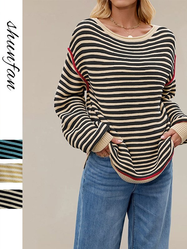 Damen Gestreift Nahtverarbeitung Winter Straße Langarm Rundhals Pullover
