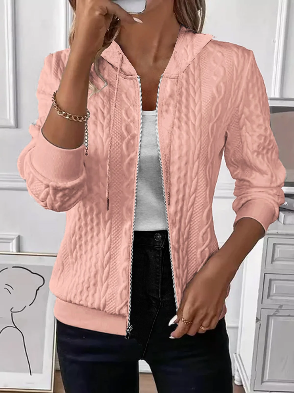 Damen Frühling/Herbst Oberbekleidung Retro Jacquard Unifarben Langarm Kapuze Jacke