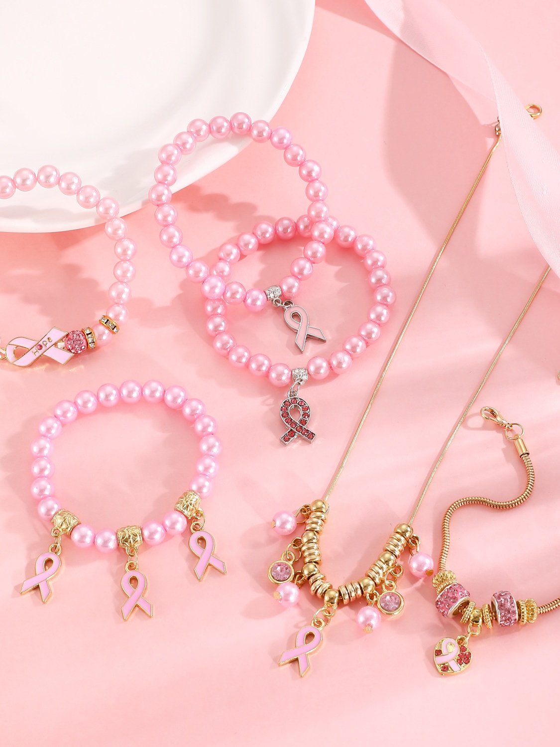 Brust Marker echt Golden Galvanisiert Pink Band Damen Gesundheit Perle Armband Halskette Set ins Shambhala Schmuck