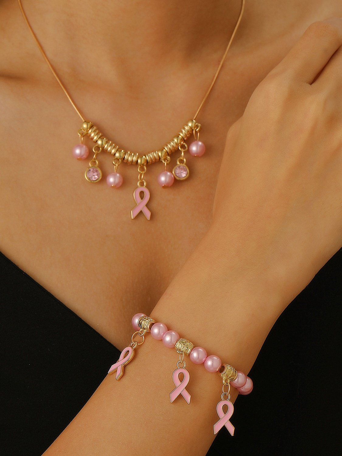 Brust Marker echt Golden Galvanisiert Pink Band Damen Gesundheit Perle Armband Halskette Set ins Shambhala Schmuck