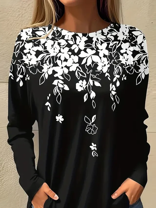 Damen Geblümt Langarm T-Shirts T-Shirt Rundhals Print Lässig Frühling/Herbst T-Shirt mit Grafik Oberteile