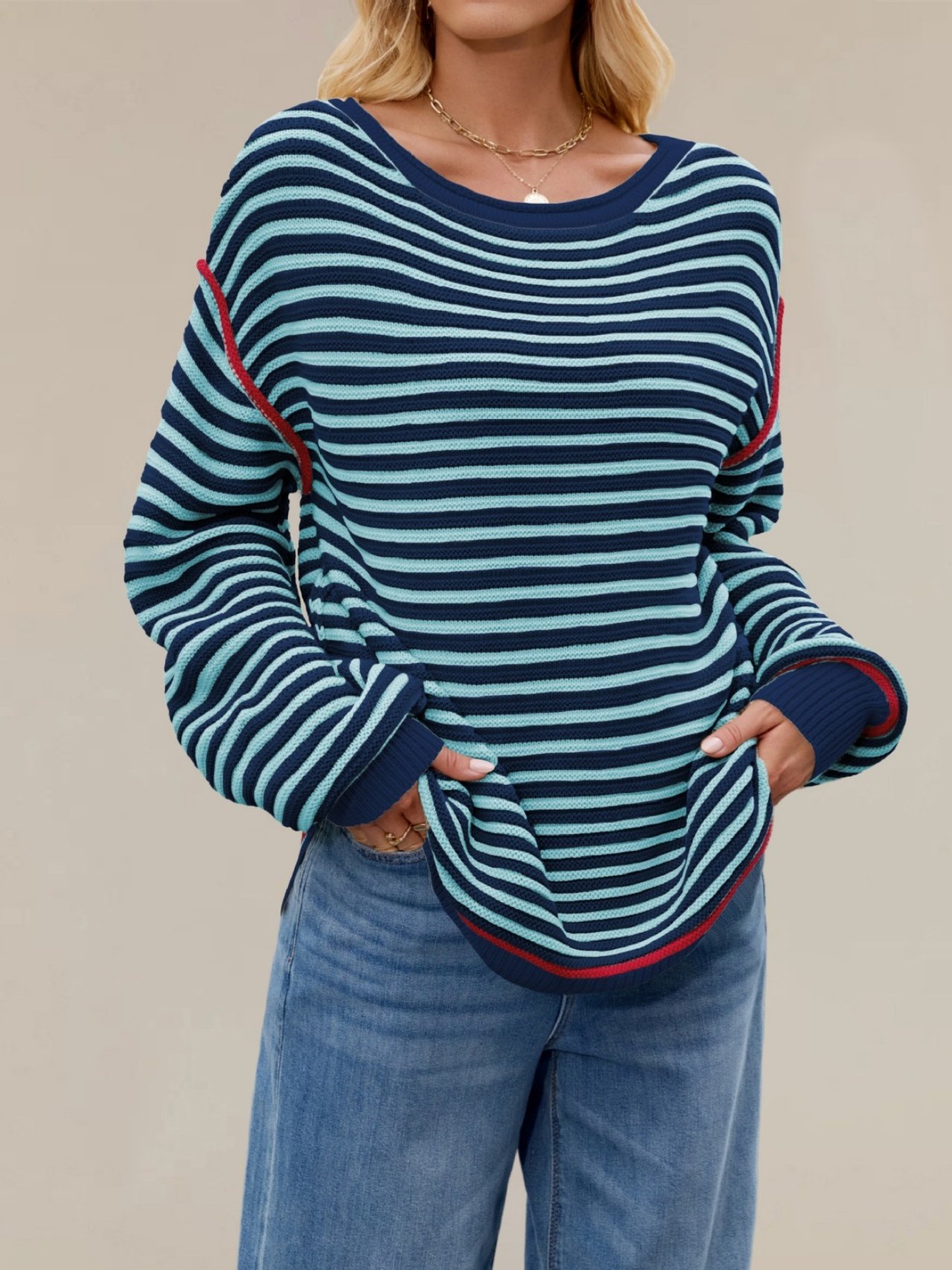 Damen Gestreift Nahtverarbeitung Winter Straße Langarm Rundhals Pullover