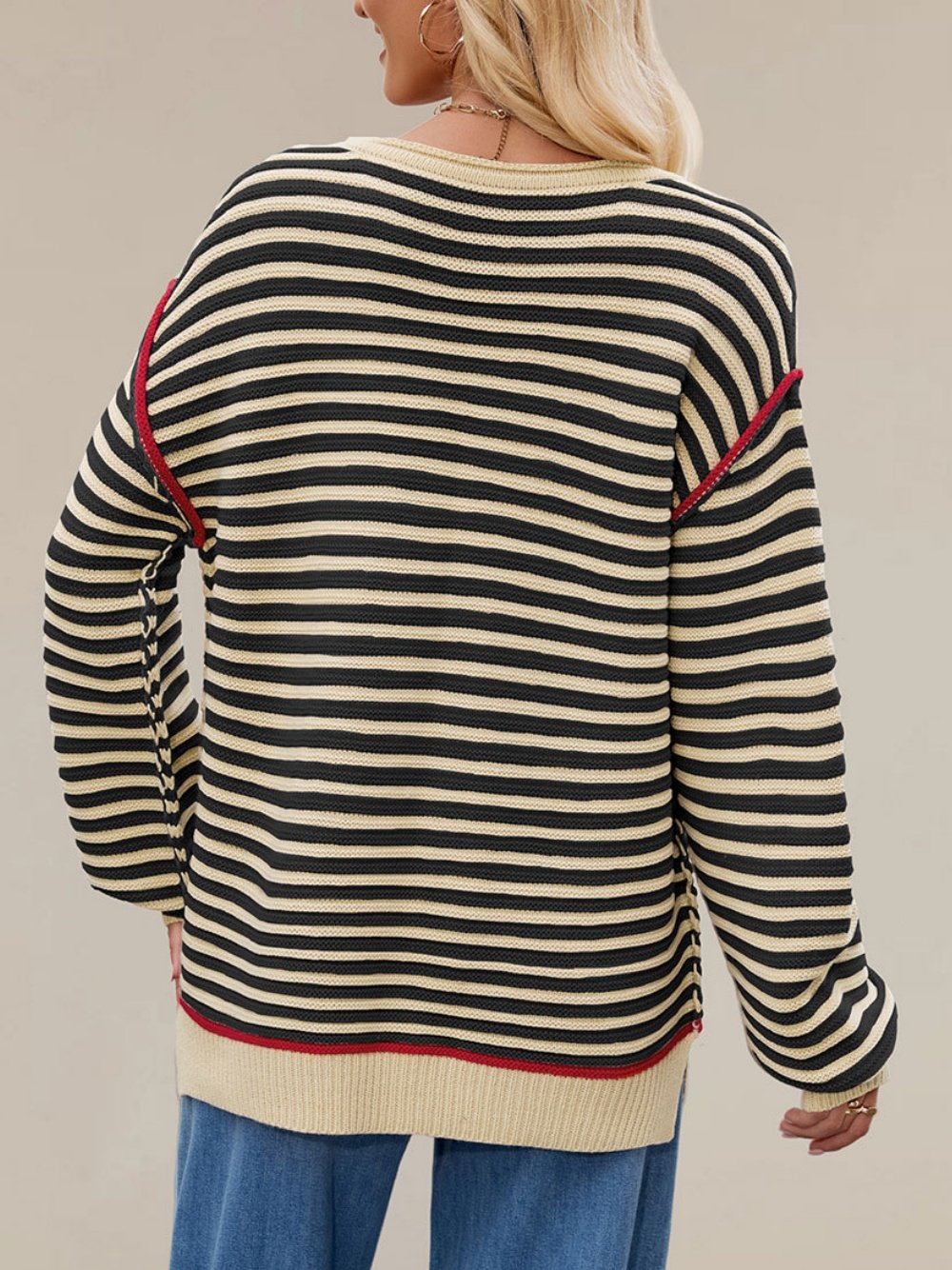 Damen Gestreift Nahtverarbeitung Winter Straße Langarm Rundhals Pullover