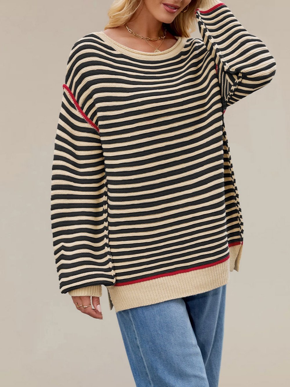 Damen Gestreift Nahtverarbeitung Winter Straße Langarm Rundhals Pullover