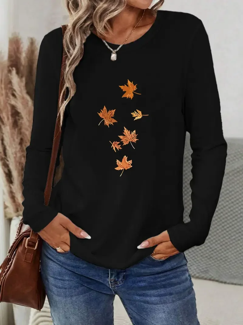 Damen Ahornblatt Langarm T-Shirts T-Shirt Rundhals Print Lässig Frühling/Herbst T-Shirt mit Grafik Oberteile
