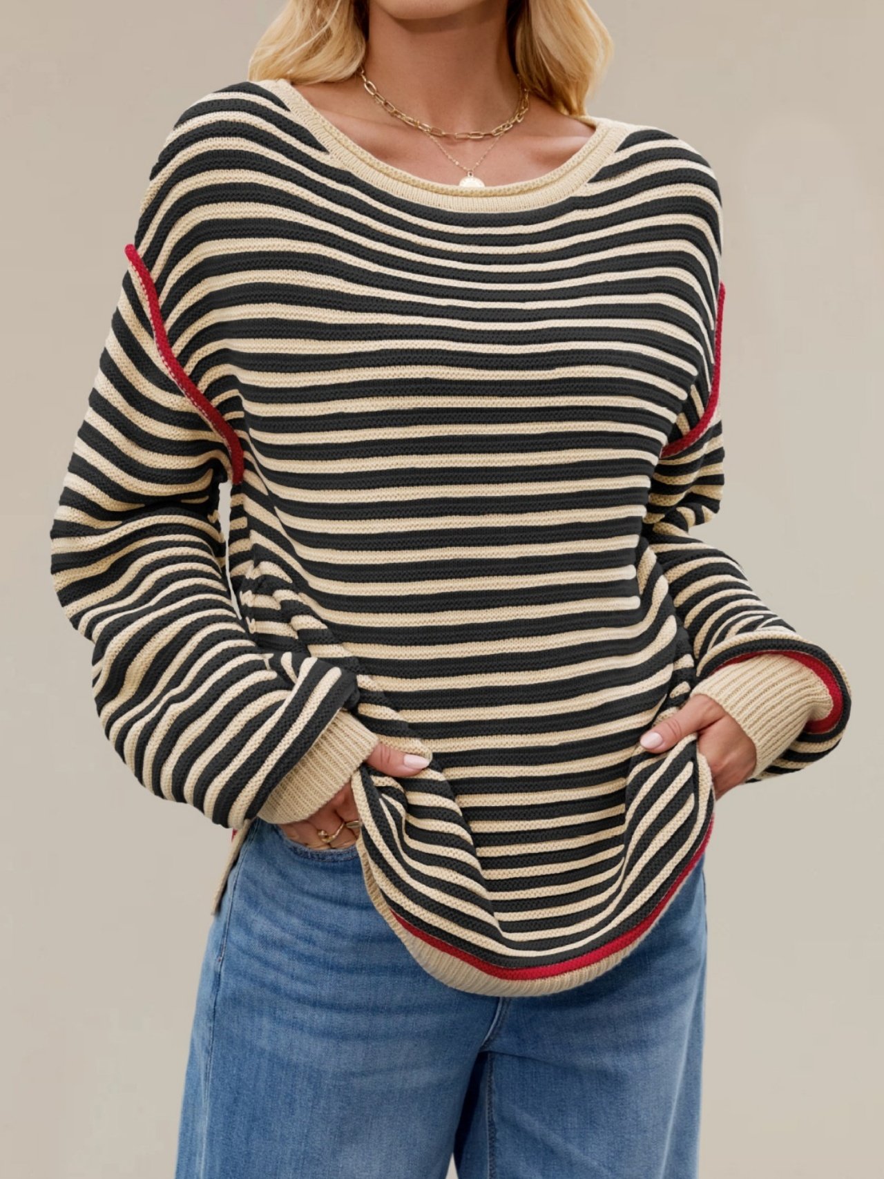 Damen Gestreift Nahtverarbeitung Winter Straße Langarm Rundhals Pullover