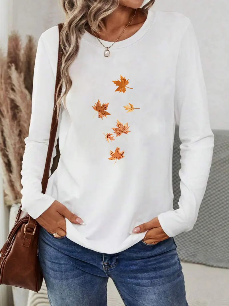 Damen Ahornblatt Langarm T-Shirts T-Shirt Rundhals Print Lässig Frühling/Herbst T-Shirt mit Grafik Oberteile