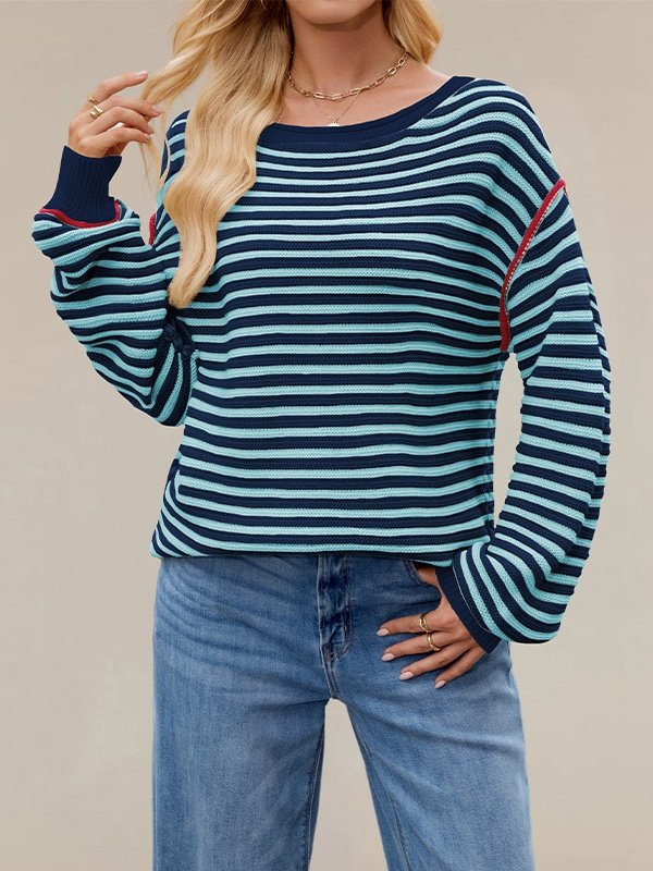 Damen Gestreift Nahtverarbeitung Winter Straße Langarm Rundhals Pullover