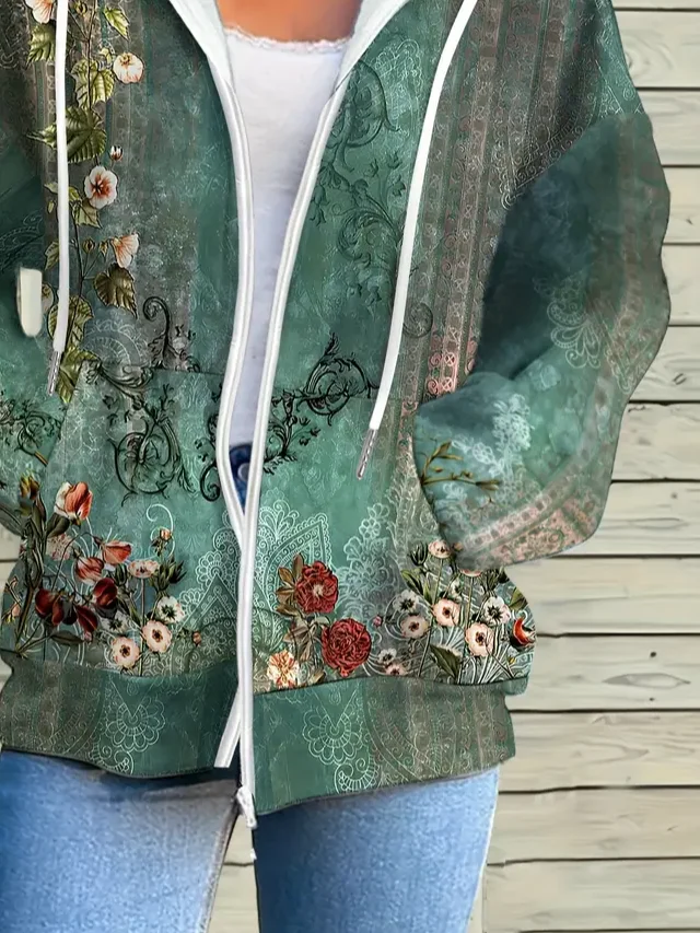 Damen Frühling/Herbst Oberbekleidung Lässig Print Geblümt Langarm Kapuze Jacke