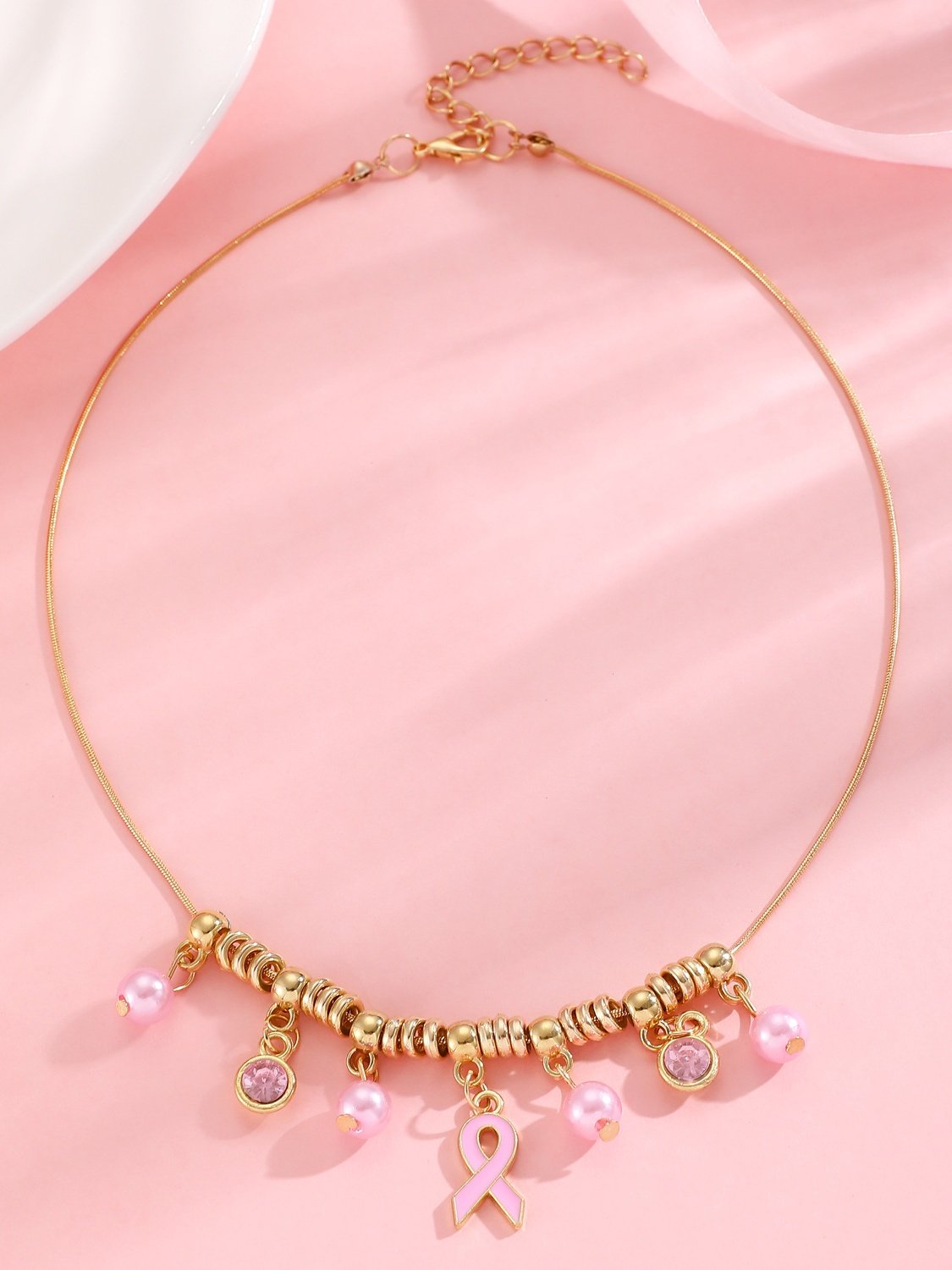 Brust Marker echt Golden Galvanisiert Pink Band Damen Gesundheit Perle Armband Halskette Set ins Shambhala Schmuck