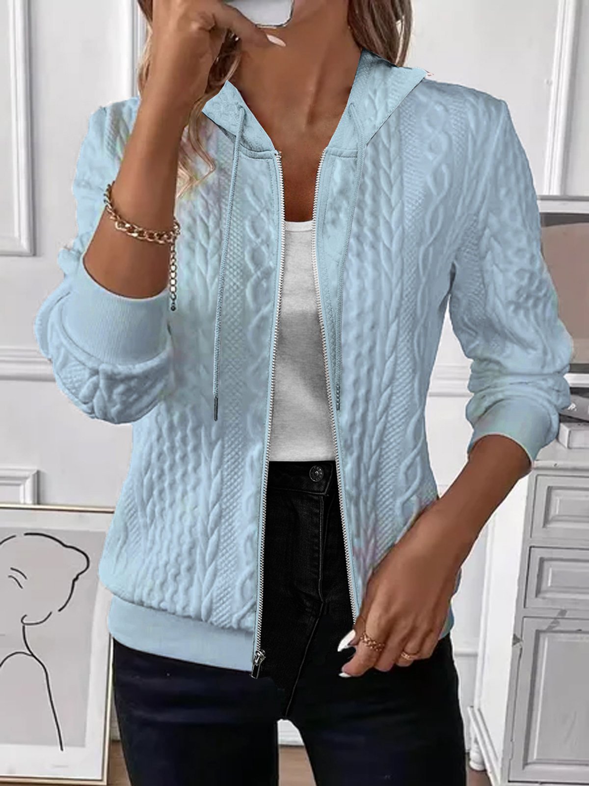 Damen Frühling/Herbst Oberbekleidung Retro Jacquard Unifarben Langarm Kapuze Jacke