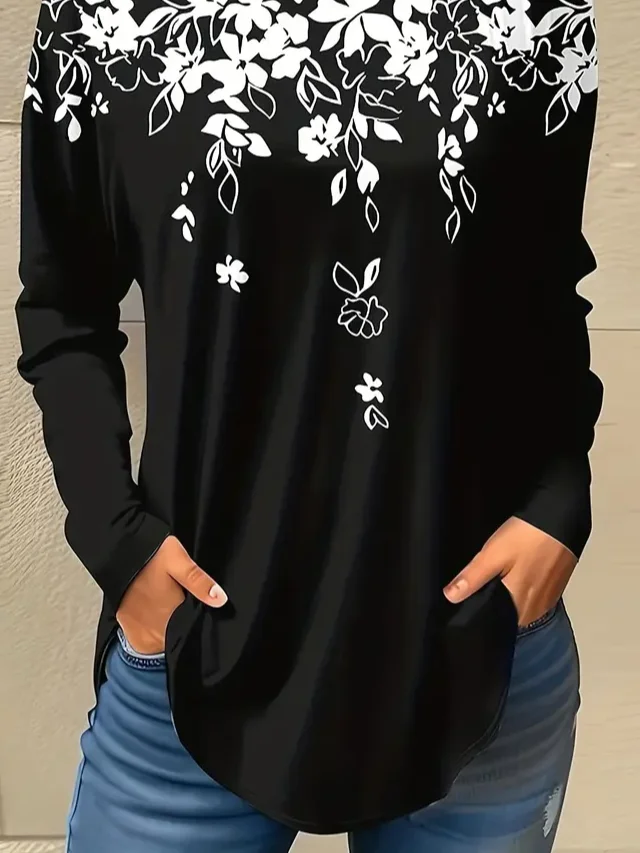 Damen Geblümt Langarm T-Shirts T-Shirt Rundhals Print Lässig Frühling/Herbst T-Shirt mit Grafik Oberteile