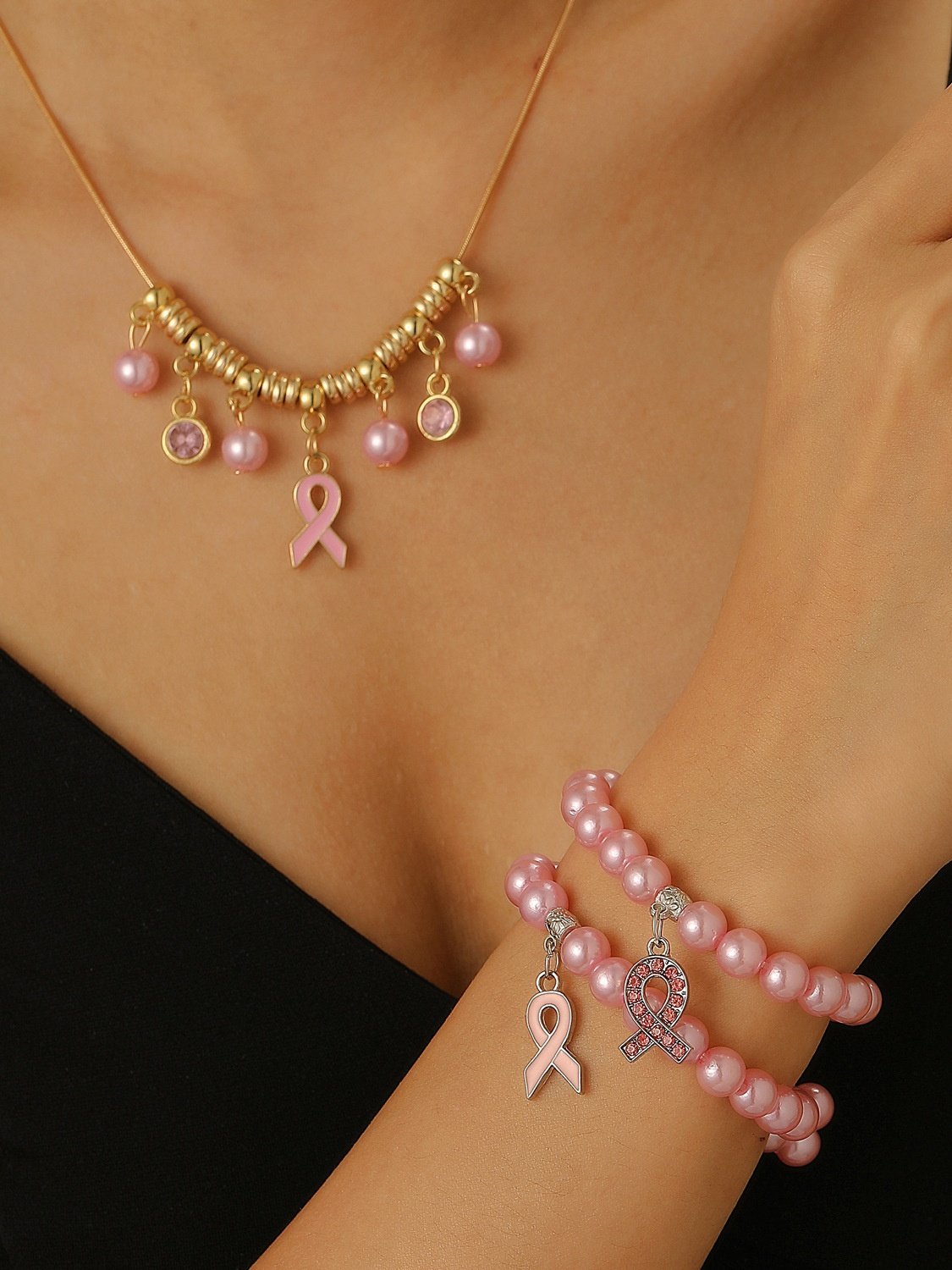 Brust Marker echt Golden Galvanisiert Pink Band Damen Gesundheit Perle Armband Halskette Set ins Shambhala Schmuck