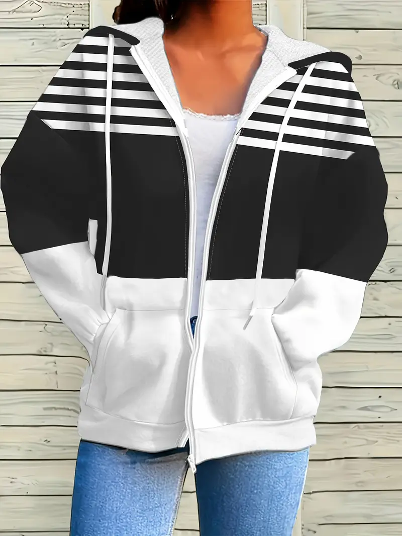Damen Frühling/Herbst Oberbekleidung Lässig Print Gestreift Langarm Kapuze Jacke