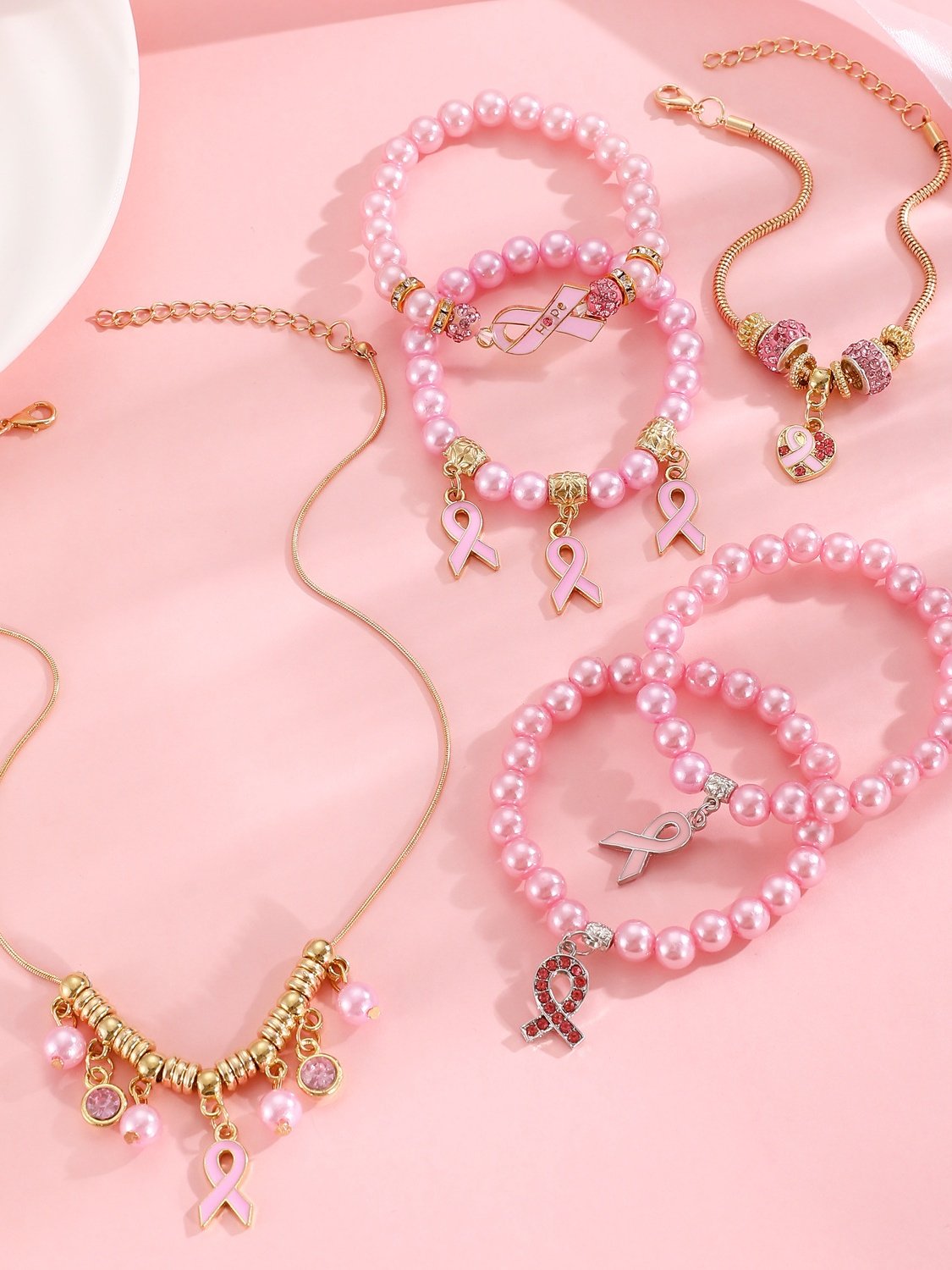 Brust Marker echt Golden Galvanisiert Pink Band Damen Gesundheit Perle Armband Halskette Set ins Shambhala Schmuck