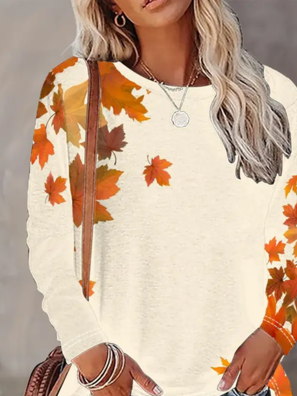 Damen Ahornblatt Langarm T-Shirts T-Shirt Rundhals Print Lässig Frühling/Herbst T-Shirt mit Grafik Oberteile