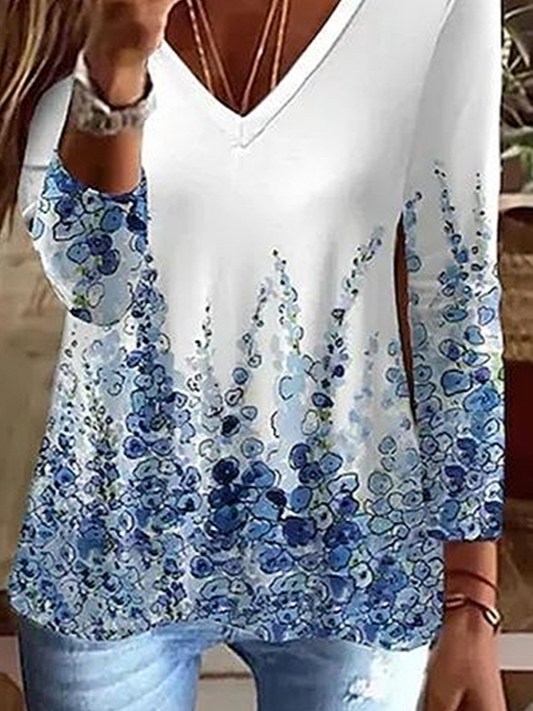 Damen Abstrakt Langarm T-Shirts T-Shirt V-Ausschnitt Print Lässig Frühling/Herbst T-Shirt mit Grafik Oberteile