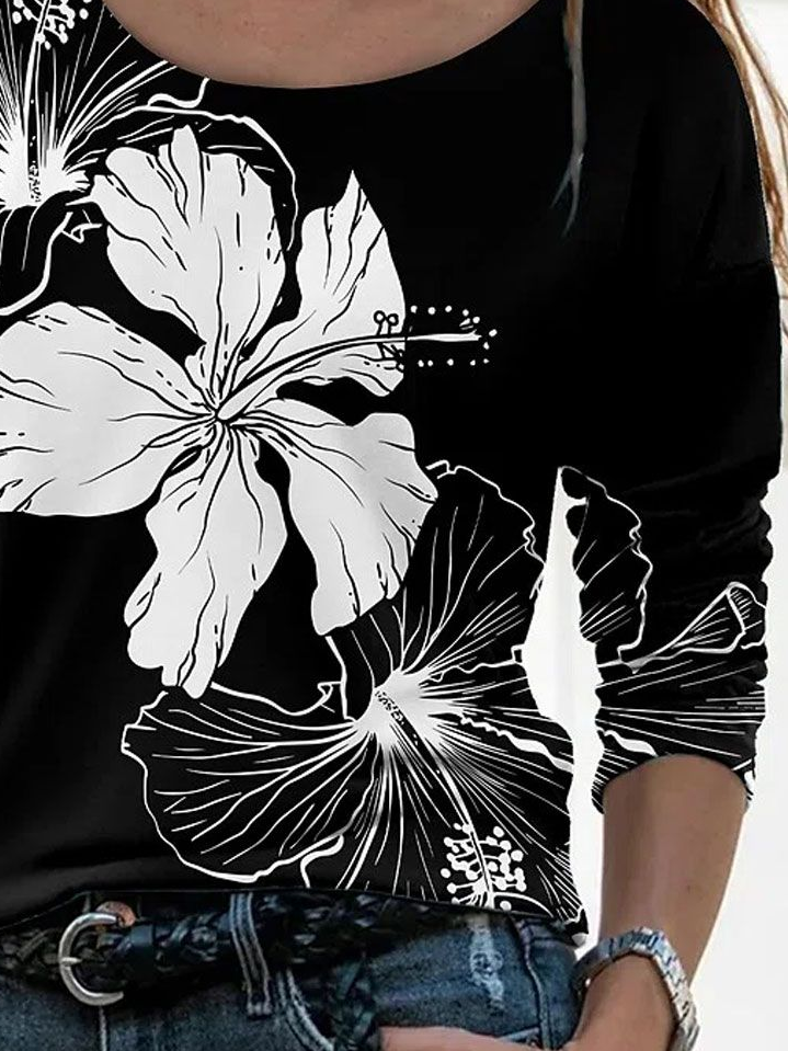 Damen Geblümt Langarm T-Shirts T-Shirt Rundhals Print Lässig Frühling/Herbst T-Shirt mit Grafik Oberteile