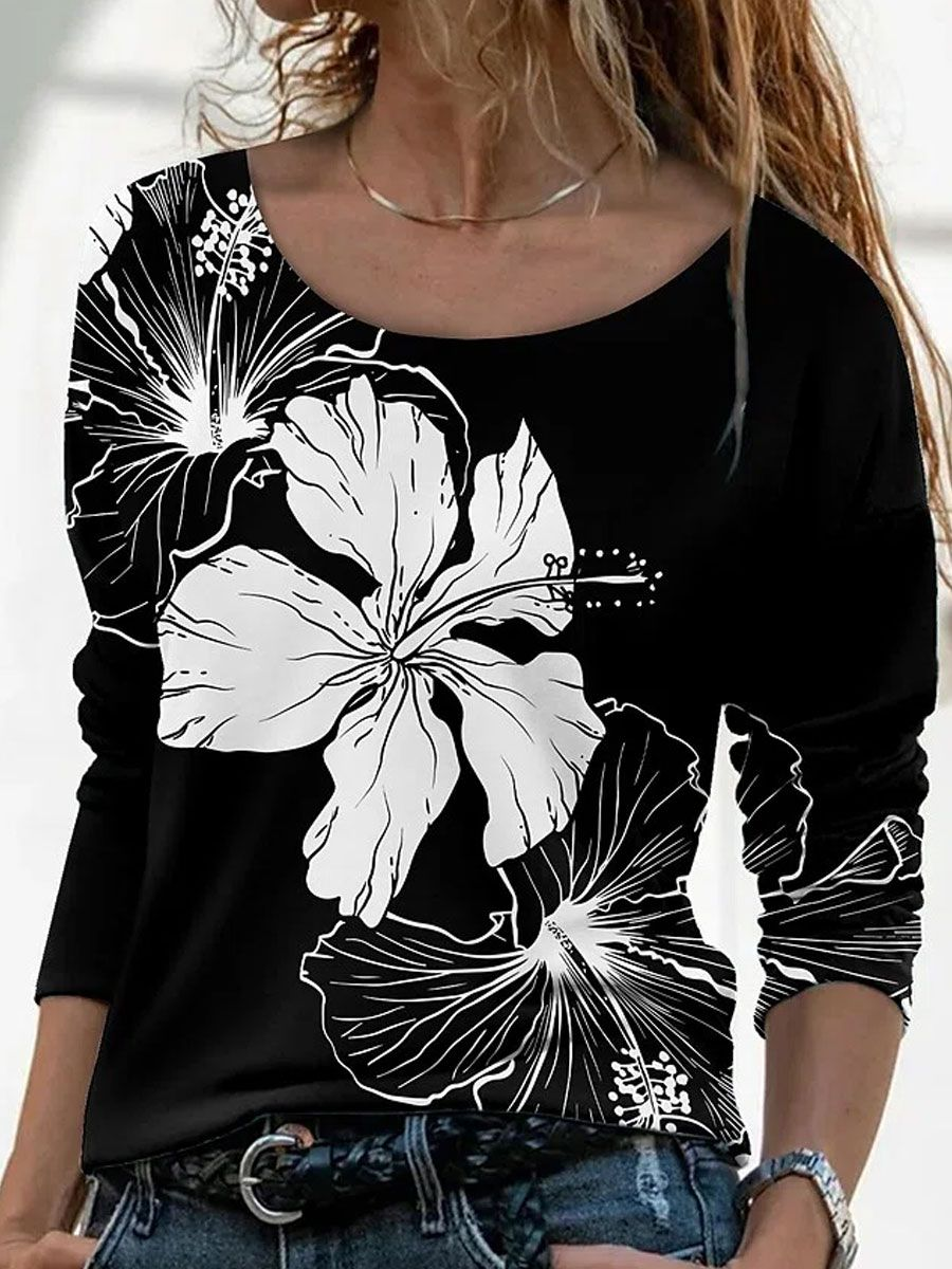 Damen Geblümt Langarm T-Shirts T-Shirt Rundhals Print Lässig Frühling/Herbst T-Shirt mit Grafik Oberteile