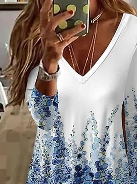 Damen Abstrakt Langarm T-Shirts T-Shirt V-Ausschnitt Print Lässig Frühling/Herbst T-Shirt mit Grafik Oberteile