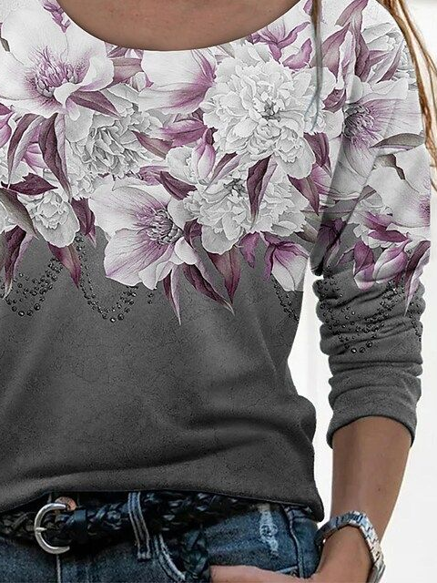 Damen Geblümt Langarm T-Shirts T-Shirt Rundhals Print Lässig Frühling/Herbst T-Shirt mit Grafik Oberteile