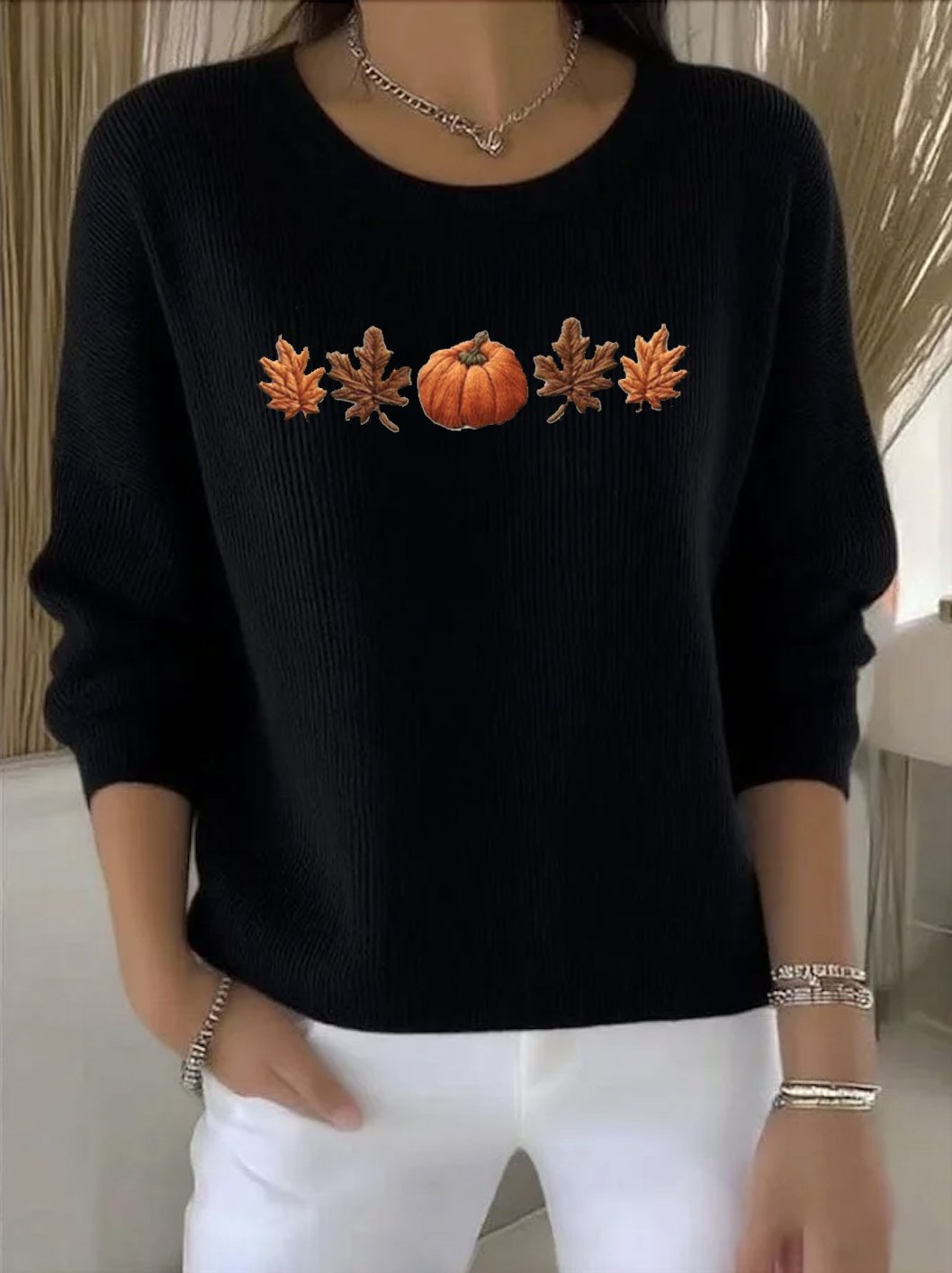 Damen Pflanzen Frühling/Herbst Retro Langarm Rundhals Baumwolle Pullover