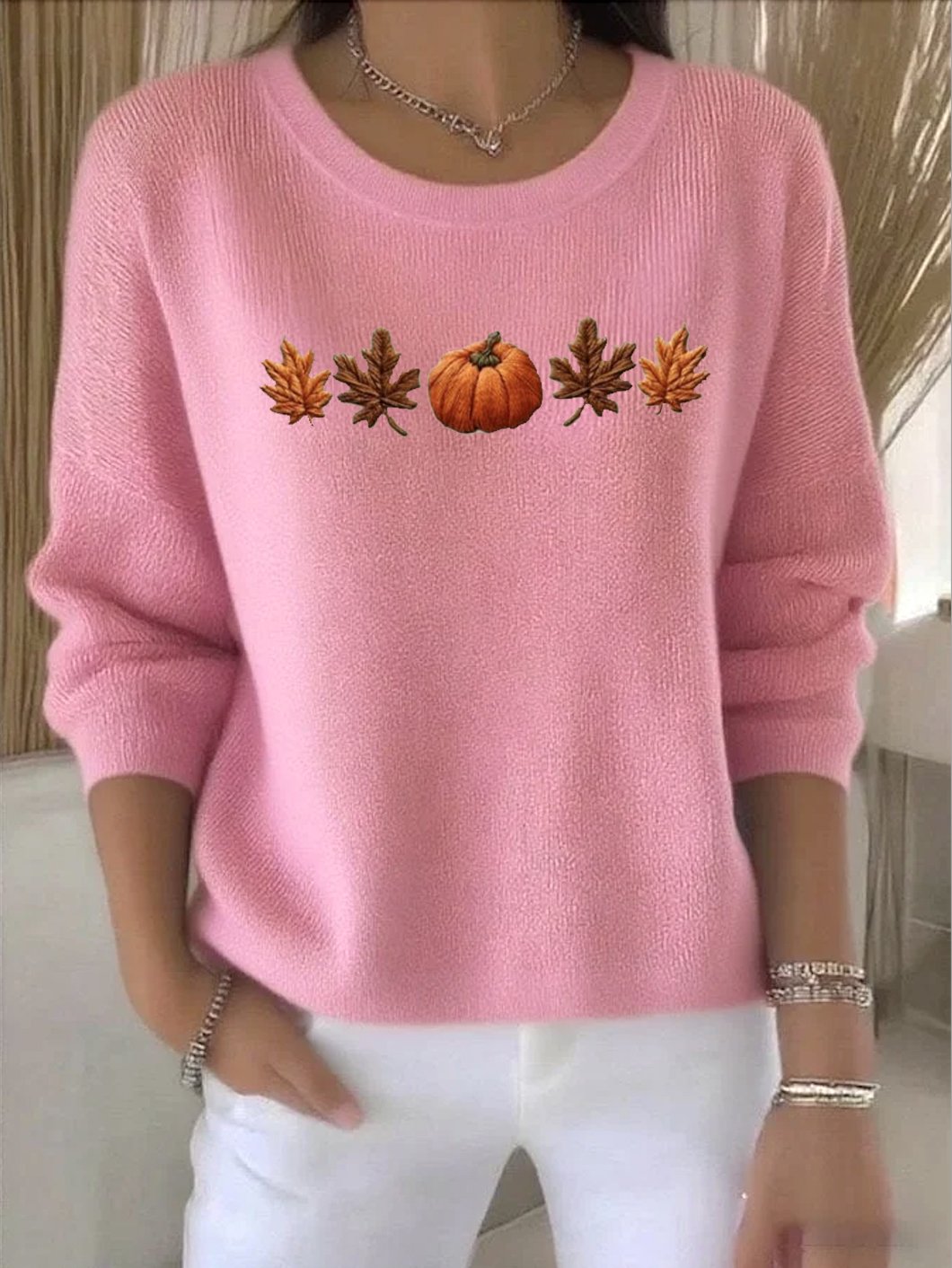 Damen Pflanzen Frühling/Herbst Retro Langarm Rundhals Baumwolle Pullover