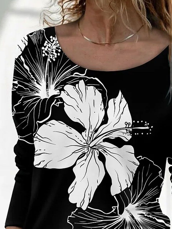Damen Geblümt Langarm T-Shirts T-Shirt Rundhals Print Lässig Frühling/Herbst T-Shirt mit Grafik Oberteile