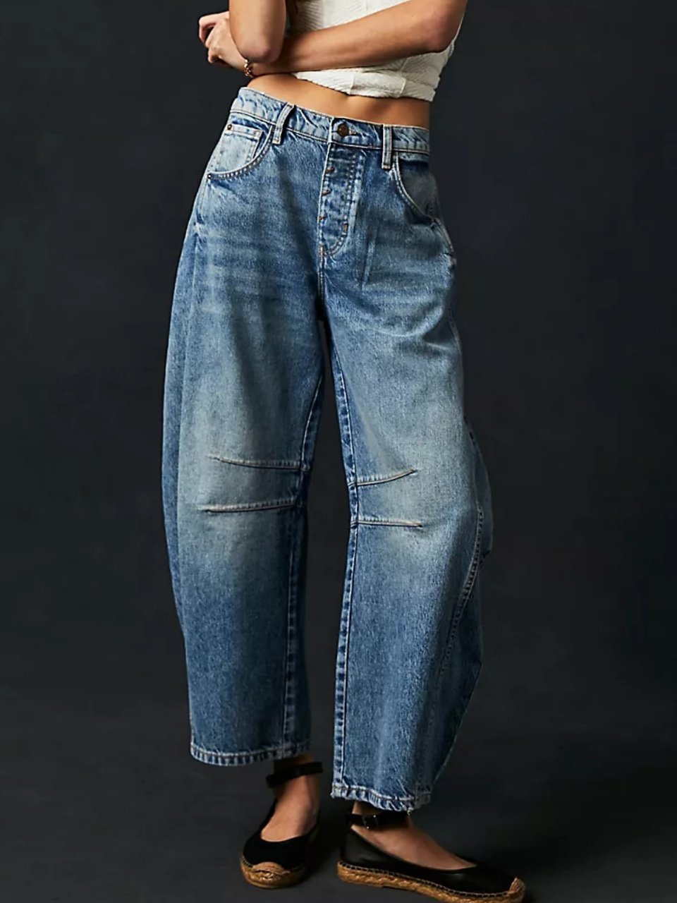 Schnalle Baumwolle Weit Lässig Damen Weit Hose mit Weitem Bein Mitte-niedrig Erheben Gewaschen Krummsäbel Hose Jeans