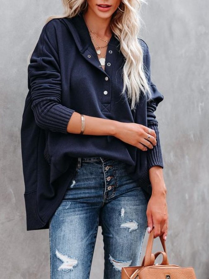 Damen Unifarben Kapuze Nahtverarbeitung Retro Frühling/Herbst Langarm Sweatshirt