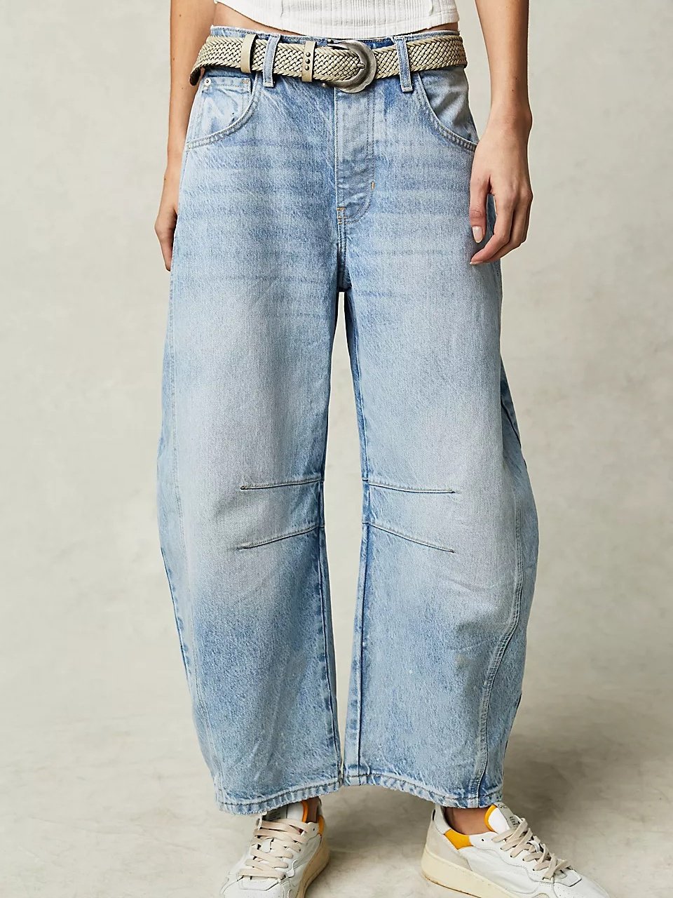 Schnalle Baumwolle Weit Lässig Damen Weit Hose mit Weitem Bein Mitte-niedrig Erheben Gewaschen Krummsäbel Hose Jeans