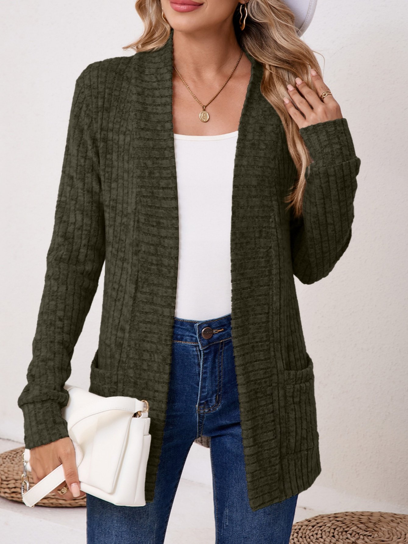 Damen Unifarben Frühling/Herbst Aufdecken Retro Nahtverarbeitung Leicht Strickjacke