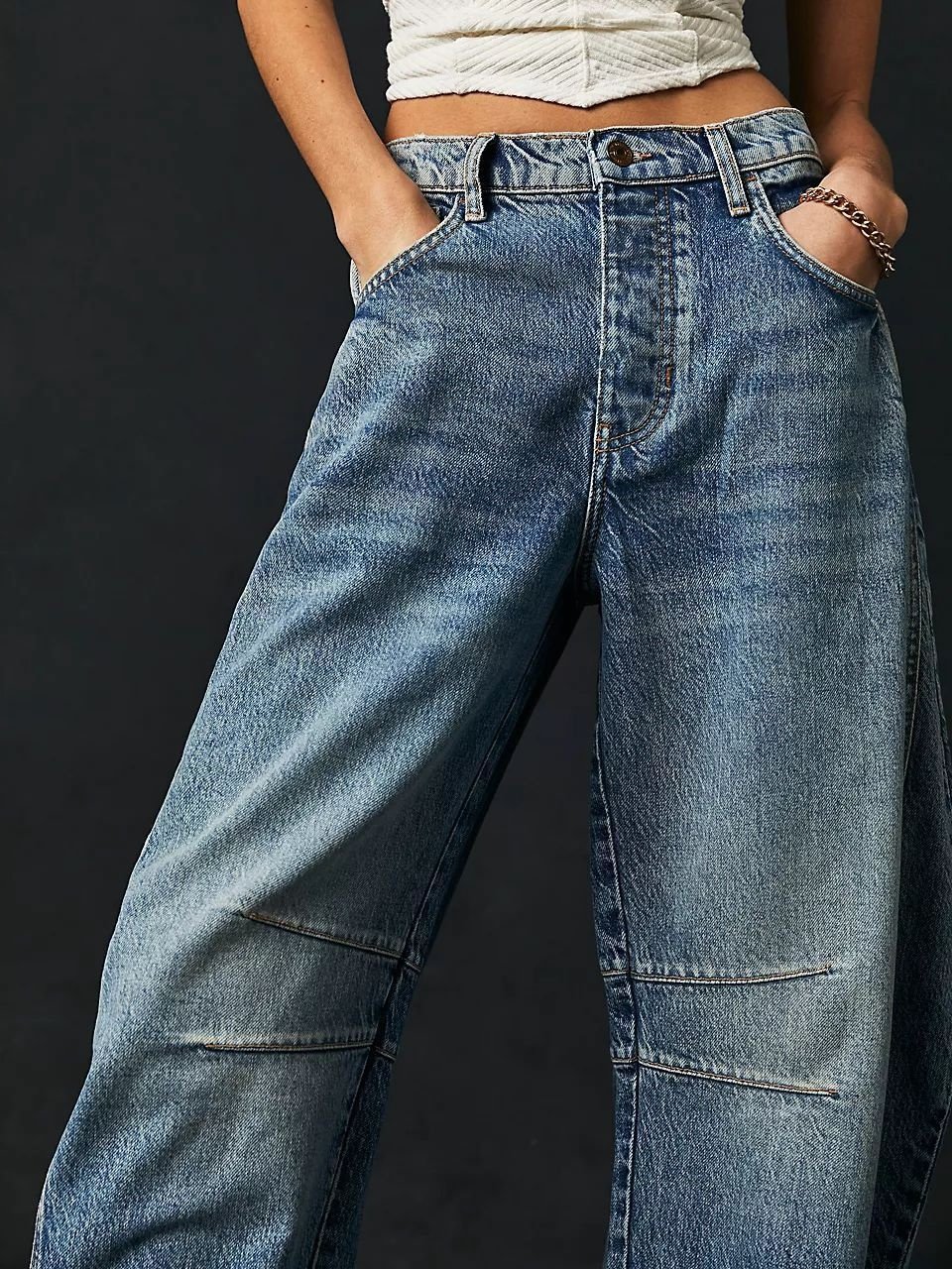 Schnalle Baumwolle Weit Lässig Damen Weit Hose mit Weitem Bein Mitte-niedrig Erheben Gewaschen Krummsäbel Hose Jeans