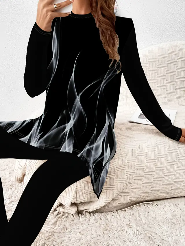 Damen Abstrakt Print Zweiteiliges Set Täglich Langarm Lässig Frühling/Herbst Bluse mit Hose Matching Set