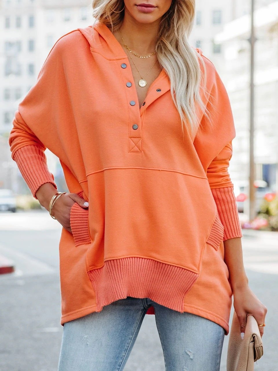 Damen Unifarben Kapuze Nahtverarbeitung Retro Frühling/Herbst Langarm Sweatshirt