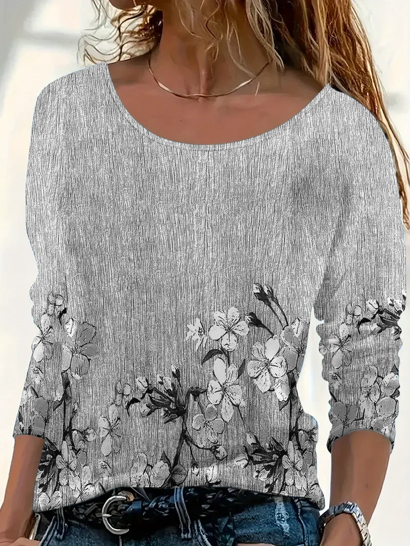 Damen Geblümt Langarm T-Shirts T-Shirt Rundhals Print Lässig Frühling/Herbst T-Shirt mit Grafik Oberteile