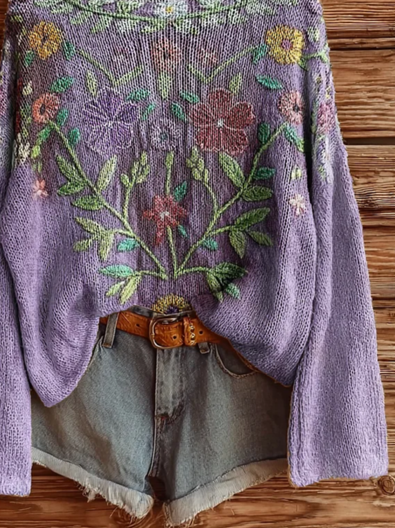 Damen Blumenmuster Lässig Langarm Oberteile