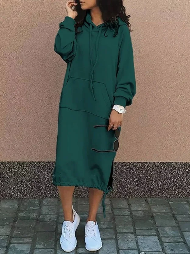 Damen Unifarben Langarm Frühling/Herbst Nahtverarbeitung Kleid Mit Kapuze Täglich Retro Maxikleid Hoodie-Kleid A-Linien-Kleid