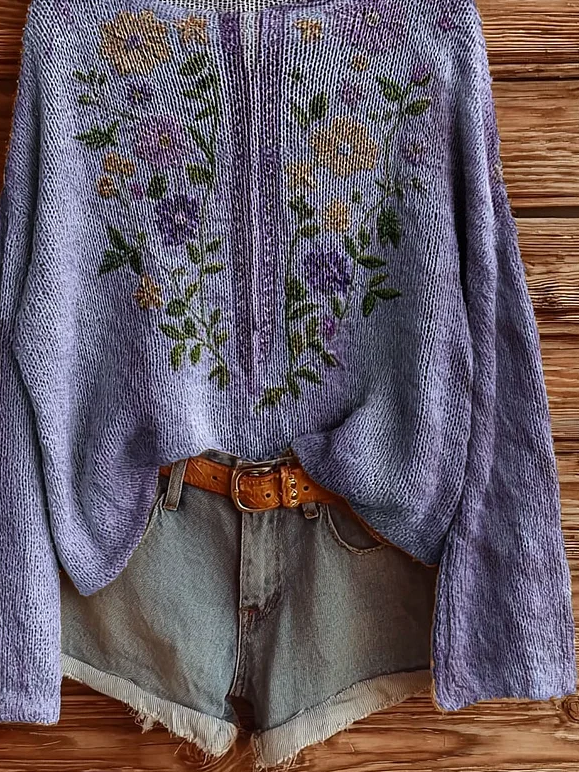 Damen Blumenmuster Lässig Langarm Oberteile