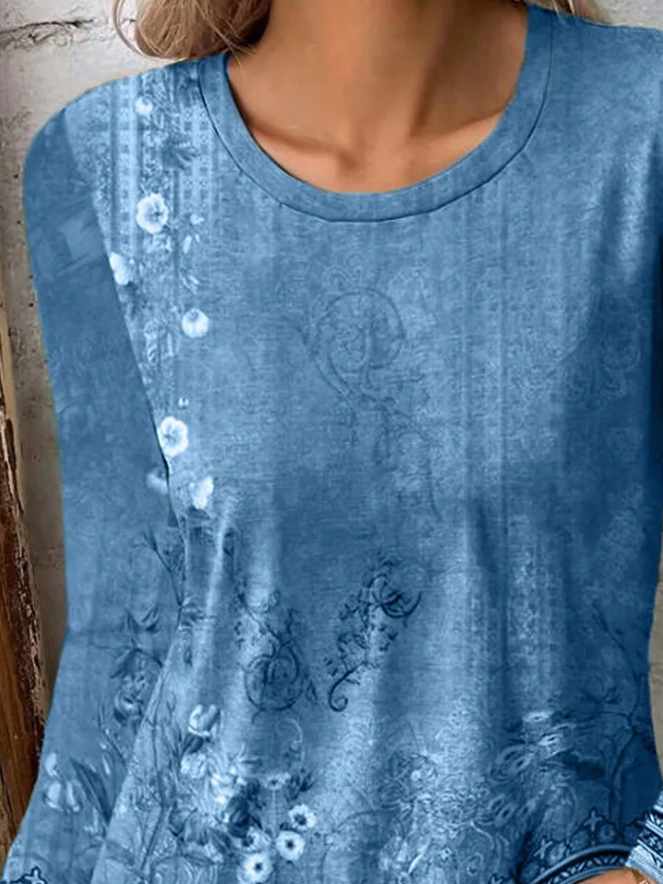Damen Geblümt Langarm T-Shirts T-Shirt Rundhals Print Lässig Frühling/Herbst T-Shirt mit Grafik Oberteile