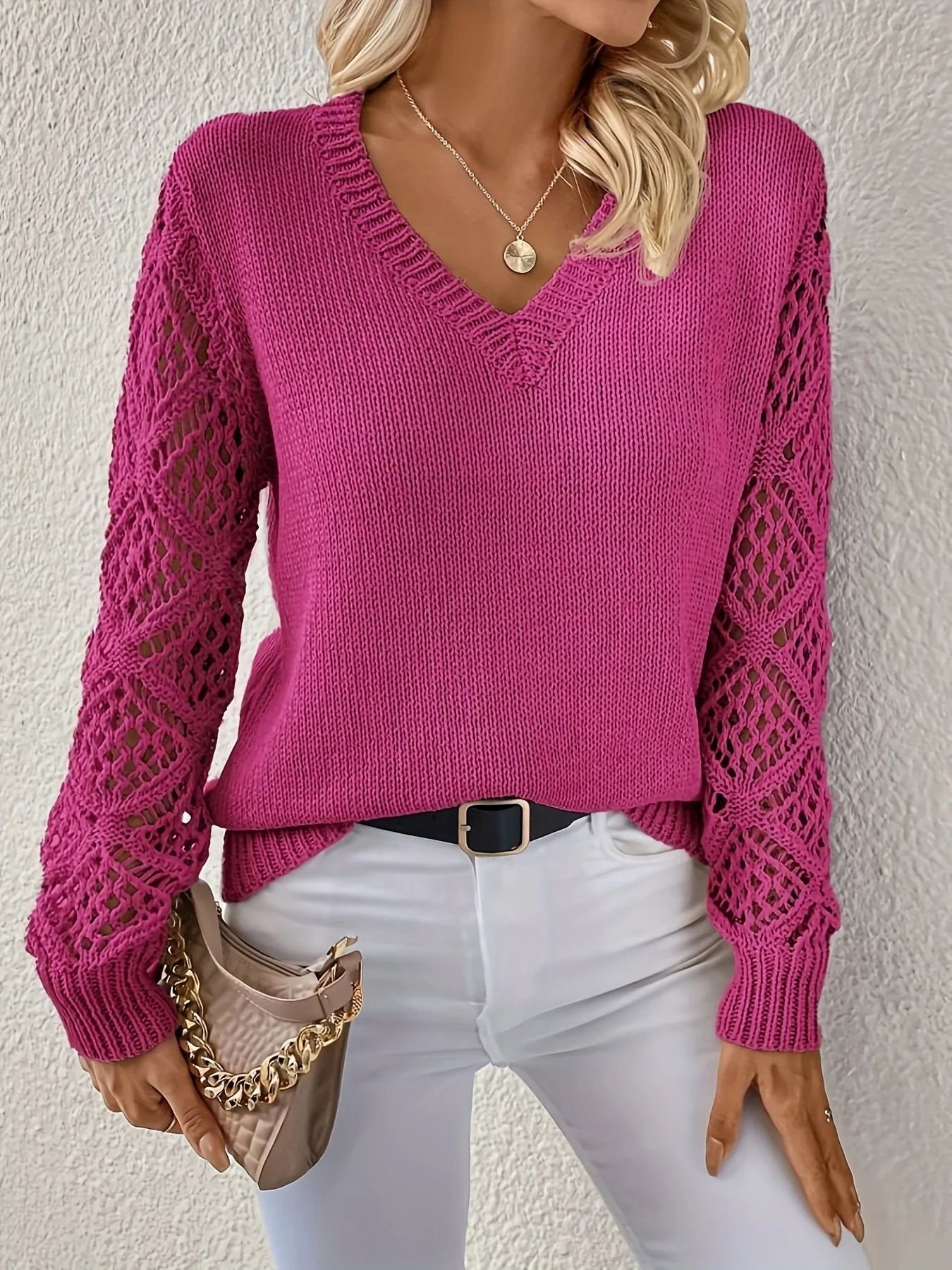 Damen Unifarben Jacquard Winter Lässig Langarm V-Ausschnitt Wolle Pullover