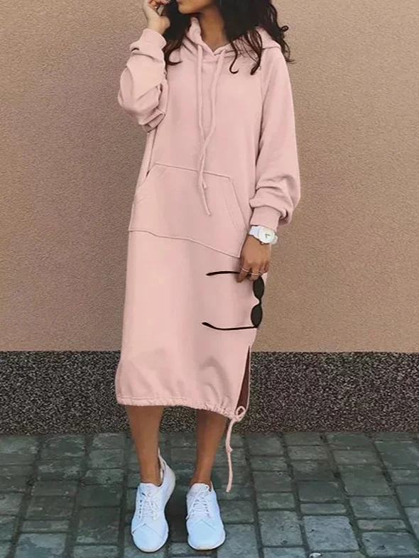 Damen Unifarben Langarm Frühling/Herbst Nahtverarbeitung Kleid Mit Kapuze Täglich Retro Maxikleid Hoodie-Kleid A-Linien-Kleid